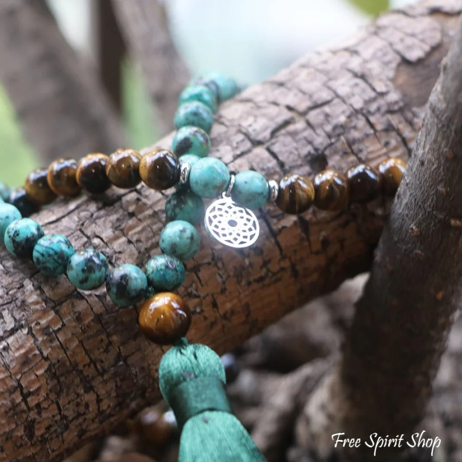 108 African Turquoise Bronzite & Tiger Eye Mala Bead Necklace - Image 3