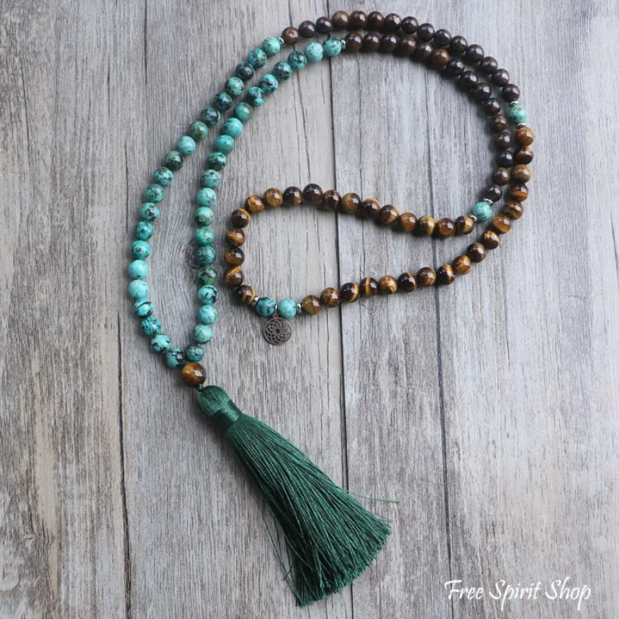 108 African Turquoise Bronzite & Tiger Eye Mala Bead Necklace - Image 4