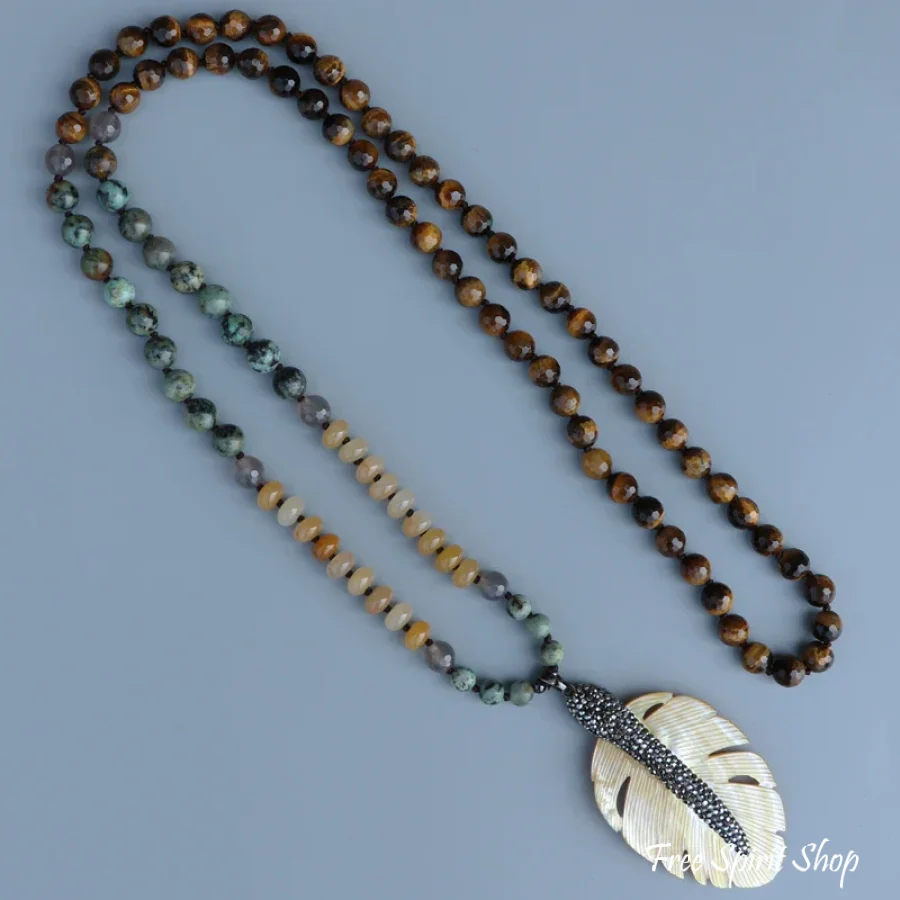 108 African Turquoise Tiger Eye Yellow Onyx & Seashell Leaf Pendant Necklace - Image 3