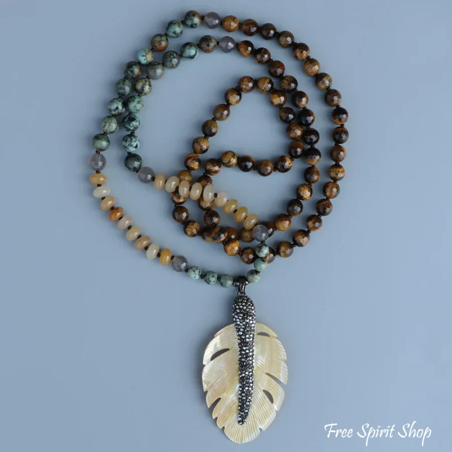 108 African Turquoise Tiger Eye Yellow Onyx & Seashell Leaf Pendant Necklace - Image 4