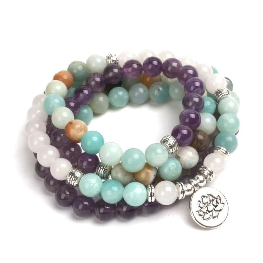 108 Amazonite Rose Quartz & Amethyst Mala Bead Bracelet - Image 4