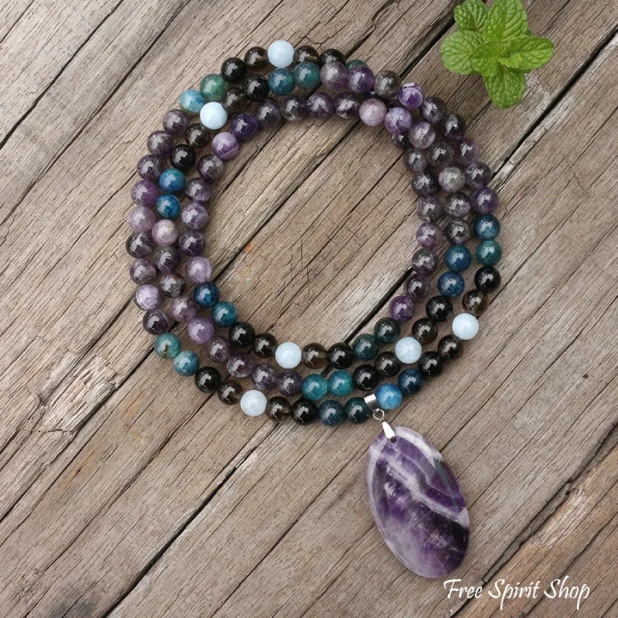 108 Amethyst, Apatite, Black Onyx, Aquamarine, & Smokey Quartz Mala Bead Necklace - Image 3