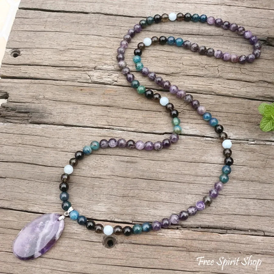 108 Amethyst, Apatite, Black Onyx, Aquamarine, & Smokey Quartz Mala Bead Necklace - Image 4