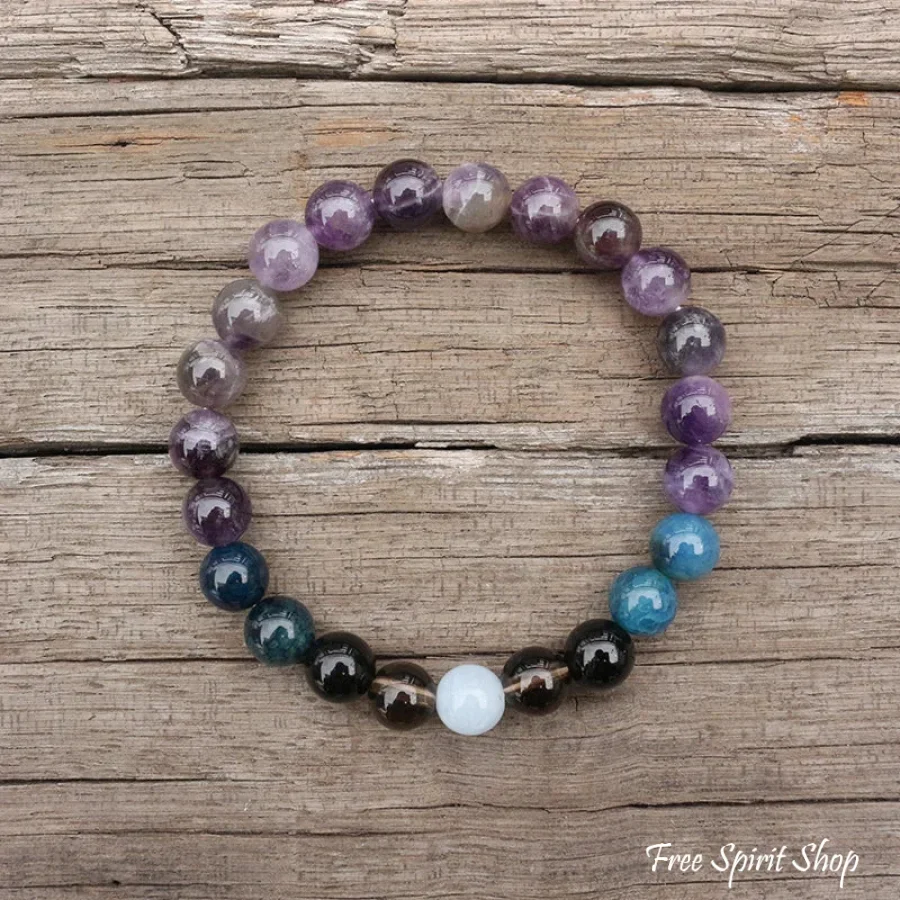 108 Amethyst, Apatite, Black Onyx, Aquamarine, & Smokey Quartz Mala Bead Necklace - Image 5