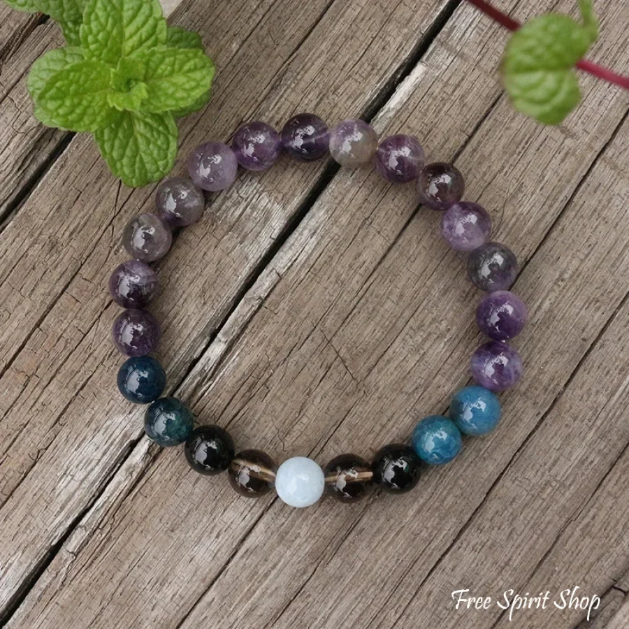 108 Amethyst, Apatite, Black Onyx, Aquamarine, & Smokey Quartz Mala Bead Necklace - Image 6