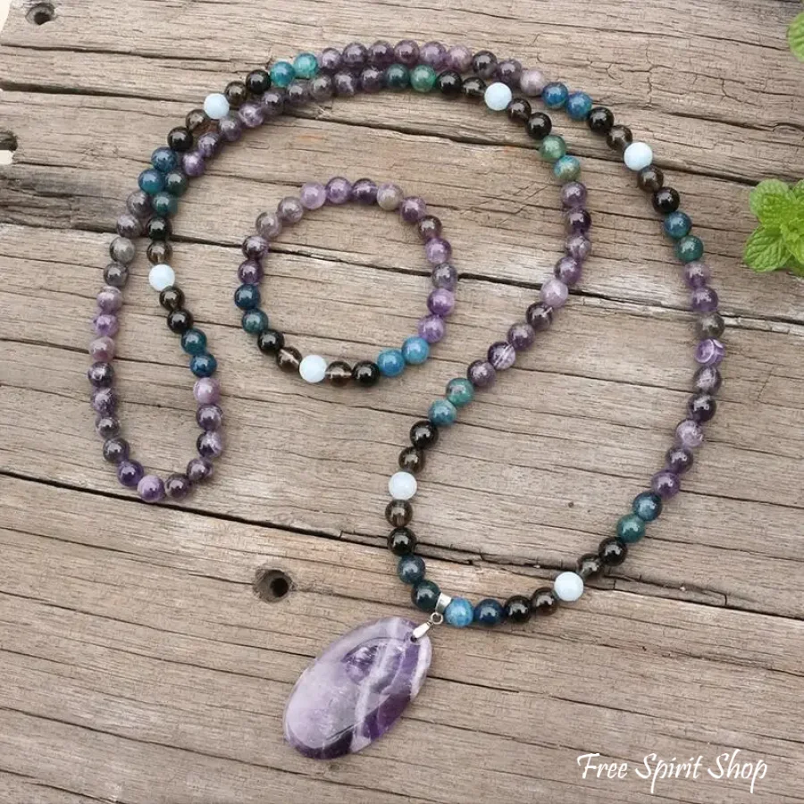108 Amethyst, Apatite, Black Onyx, Aquamarine, & Smokey Quartz Mala Bead Necklace - Image 7