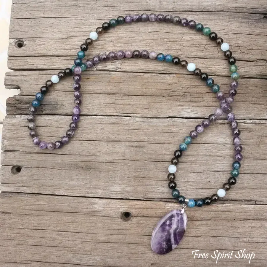 108 Amethyst, Apatite, Black Onyx, Aquamarine, & Smokey Quartz Mala Bead Necklace - Image 9