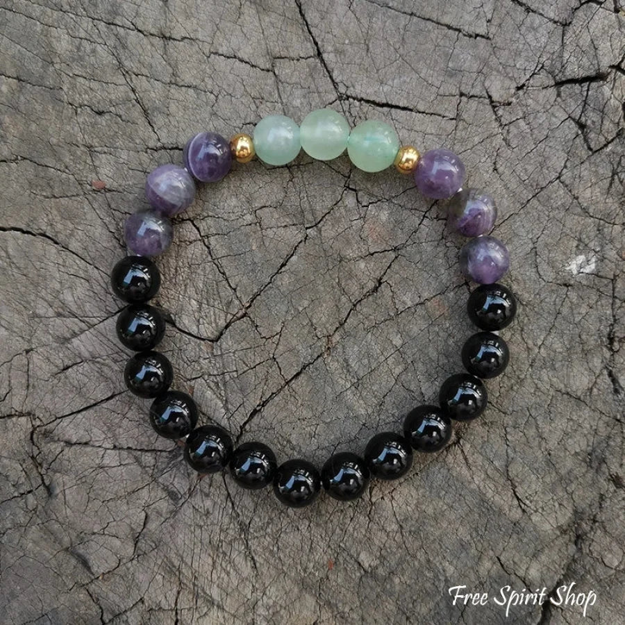 108 Natural Green Aventurine Amethyst & Black Onyx Mala Bead Necklace / Bracelet - Image 4
