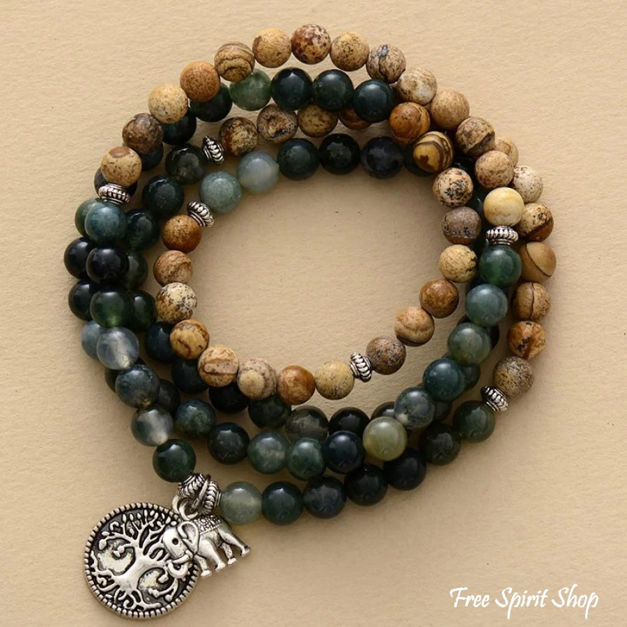 108 Green Moss Agate & Picture Jasper Elephant Mala Bead Bracelet - Image 2
