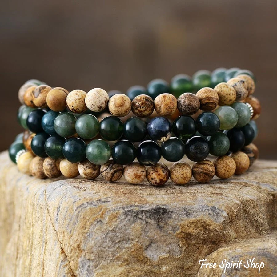 108 Green Moss Agate & Picture Jasper Elephant Mala Bead Bracelet - Image 3