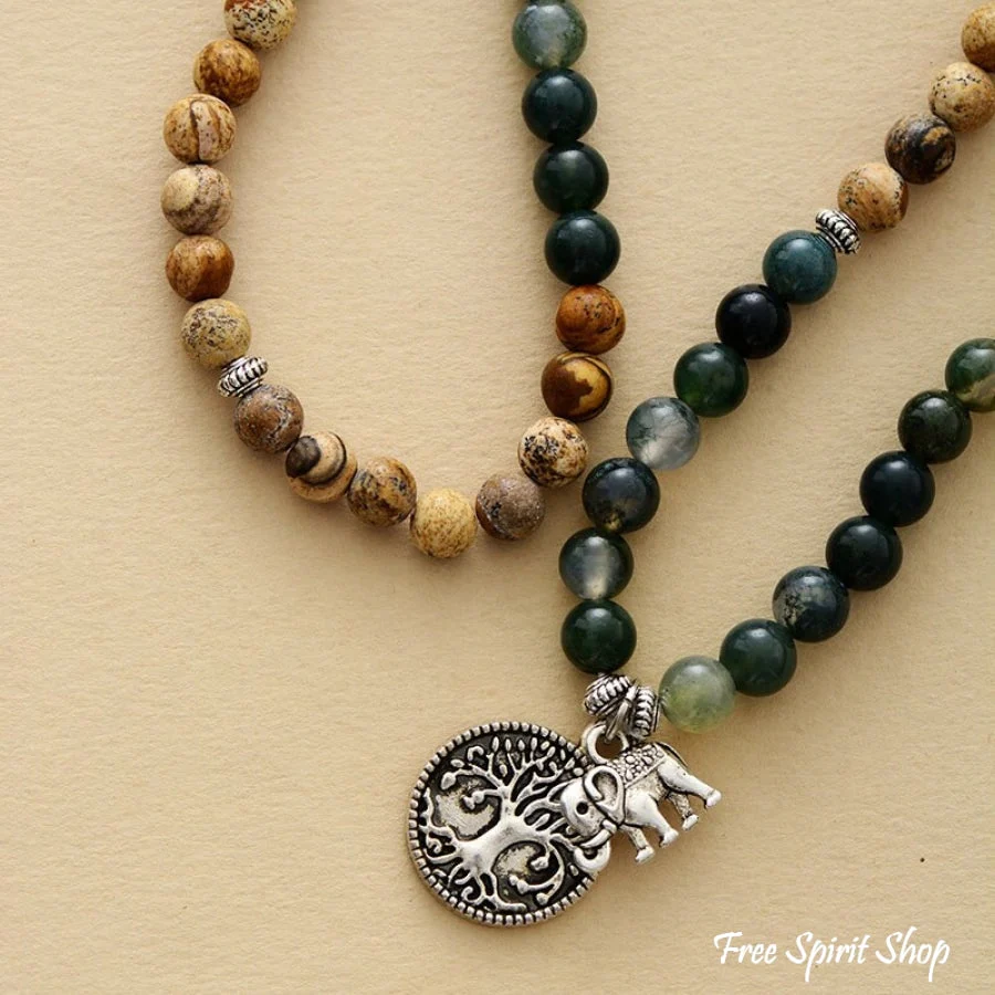 108 Green Moss Agate & Picture Jasper Elephant Mala Bead Bracelet - Image 4