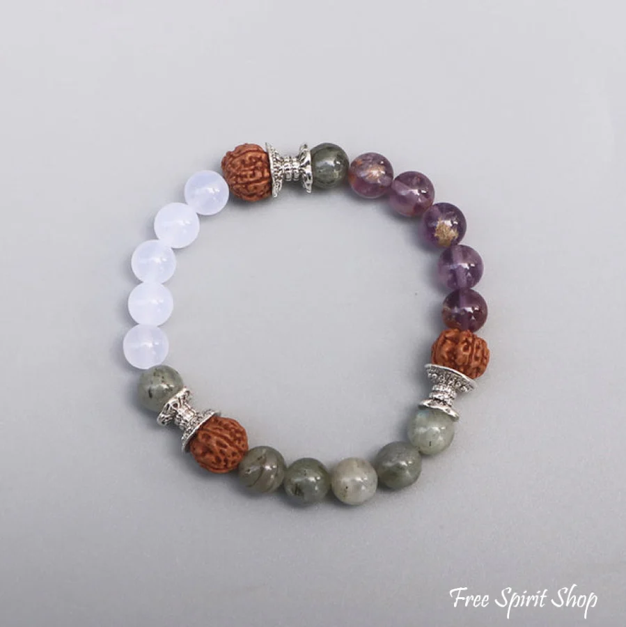 108 Labradorite White Jade & Rudraksha Mala Bead Necklace - Image 2