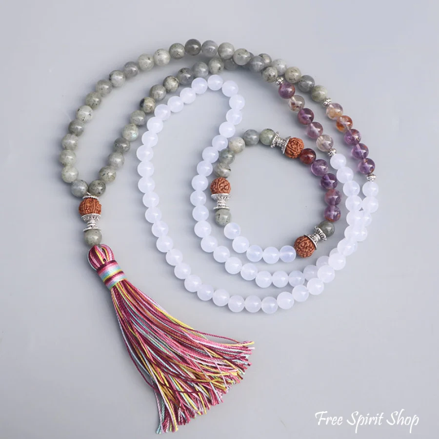 108 Labradorite White Jade & Rudraksha Mala Bead Necklace - Image 3