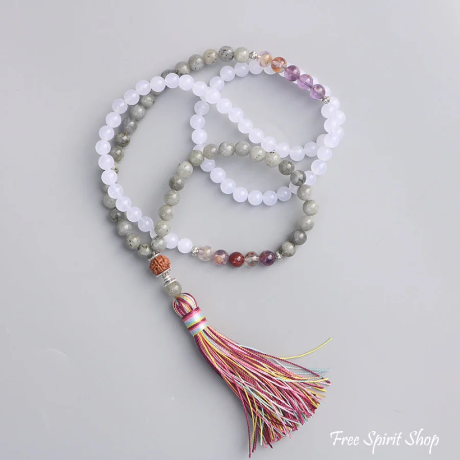 108 Labradorite White Jade & Rudraksha Mala Bead Necklace - Image 4
