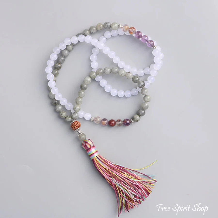 108 Labradorite White Jade & Rudraksha Mala Bead Necklace - Image 5