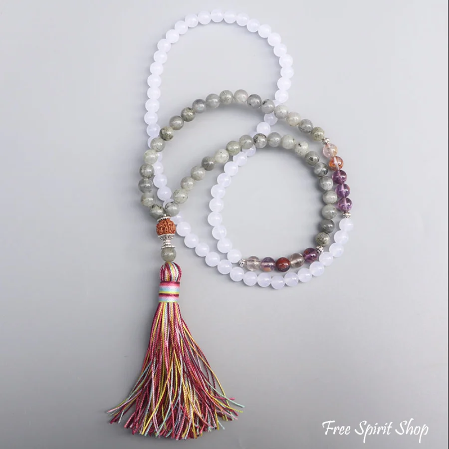 108 Labradorite White Jade & Rudraksha Mala Bead Necklace - Image 6