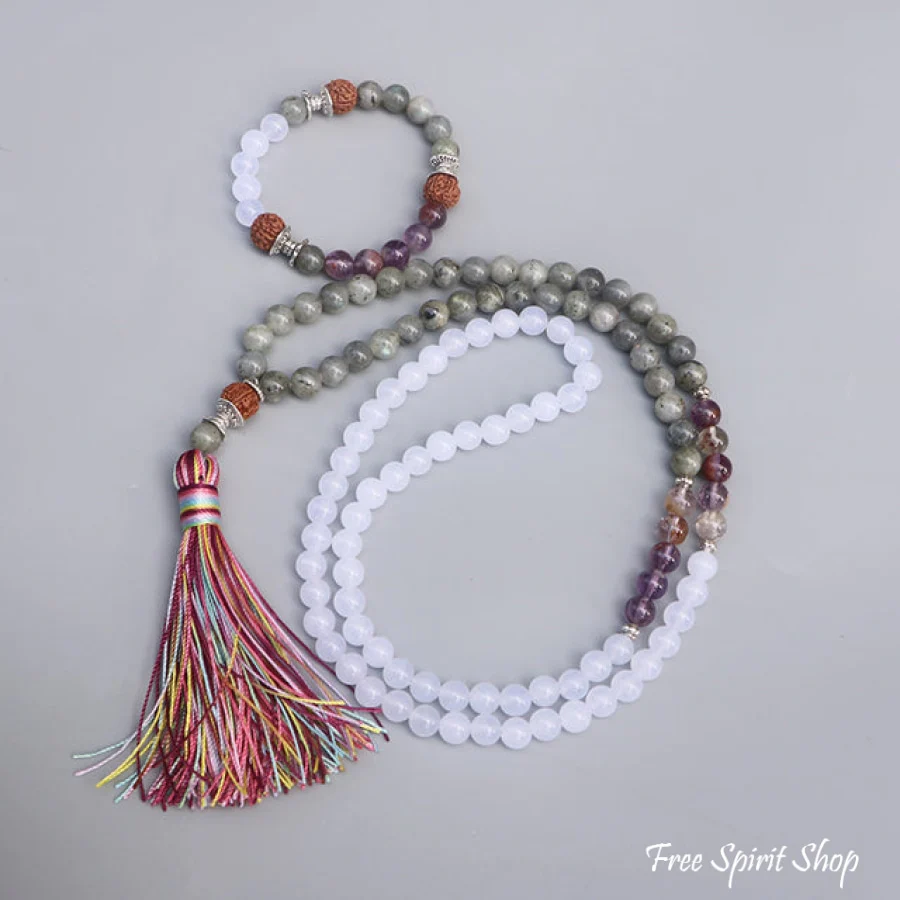 108 Labradorite White Jade & Rudraksha Mala Bead Necklace - Image 7