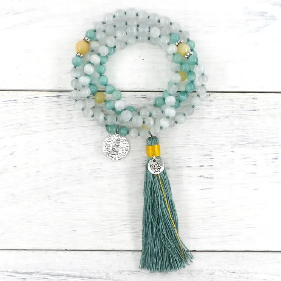 108 Lake Blue Opal & Yellow Jade Mala Bead Necklace - Image 4