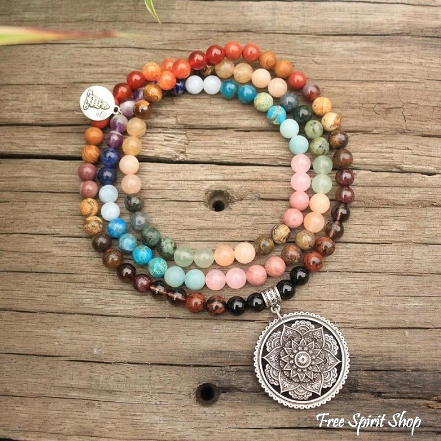 108 Natural 7 Chakra Gemstone Mala Bead Necklace - Image 9