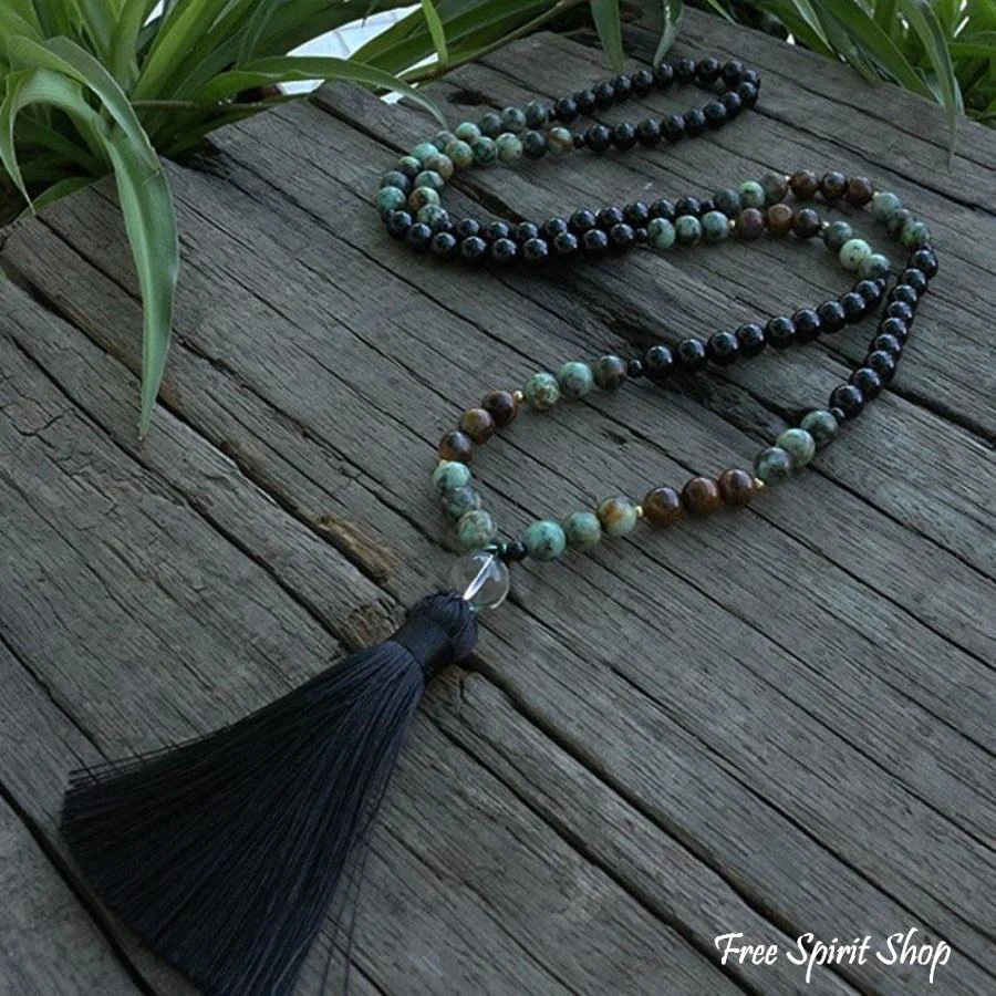 108 Natural African Turquoise & Black Onyx Mala Bead Necklace - Image 2