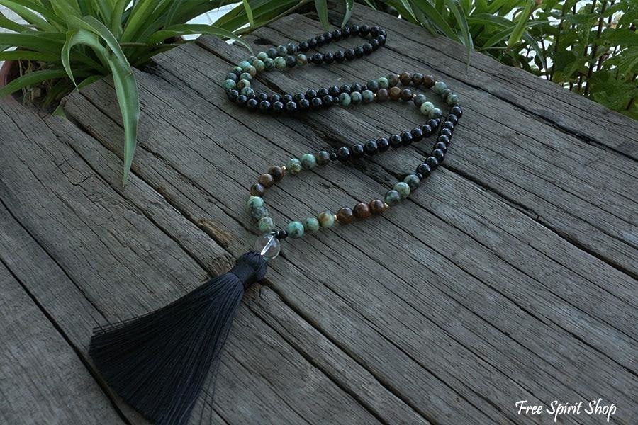 108 Natural African Turquoise & Black Onyx Mala Bead Necklace - Image 3