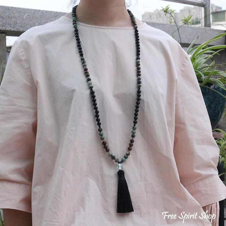 108 Natural African Turquoise & Black Onyx Mala Bead Necklace - Image 4