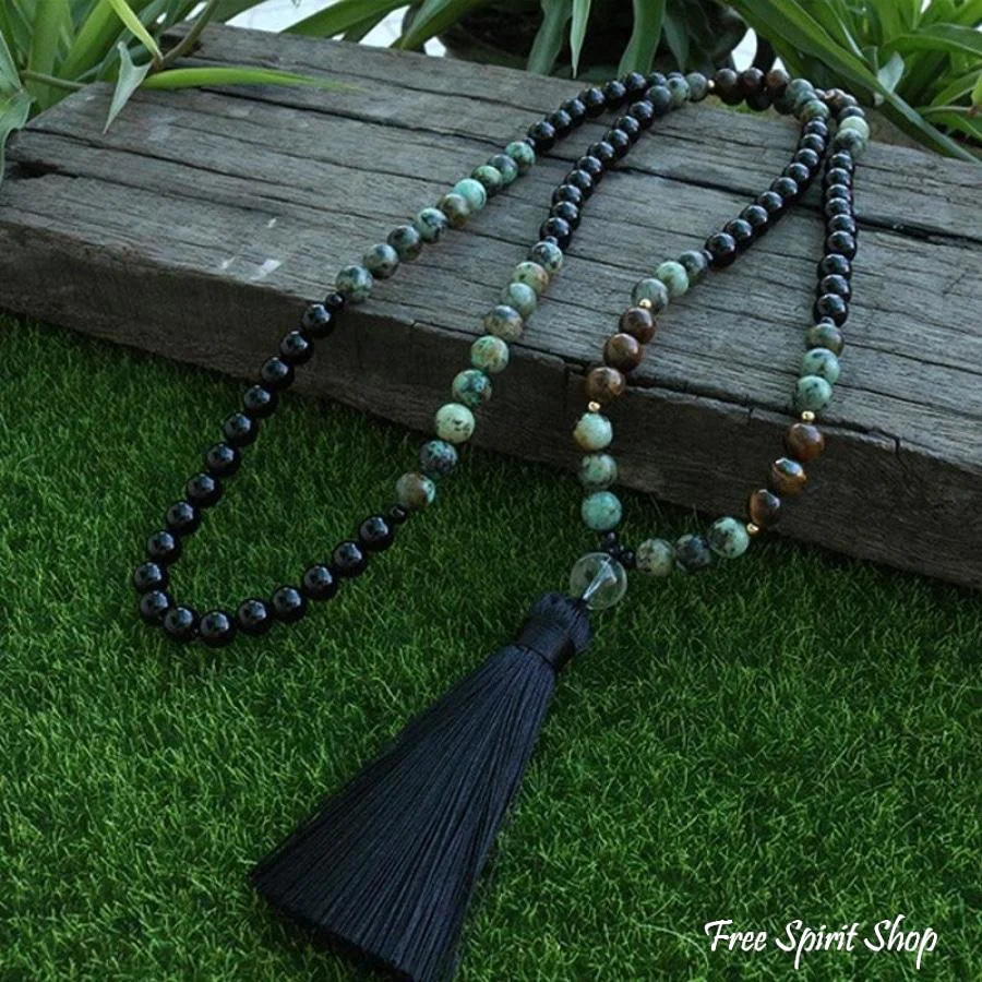 108 Natural African Turquoise & Black Onyx Mala Bead Necklace - Image 5
