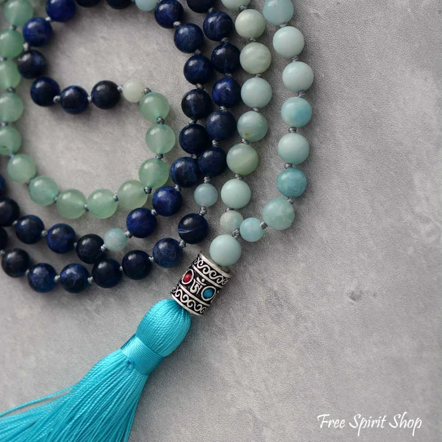 108 Natural Amazonite & Blue Sodalite Mala Bead Necklace - Image 2
