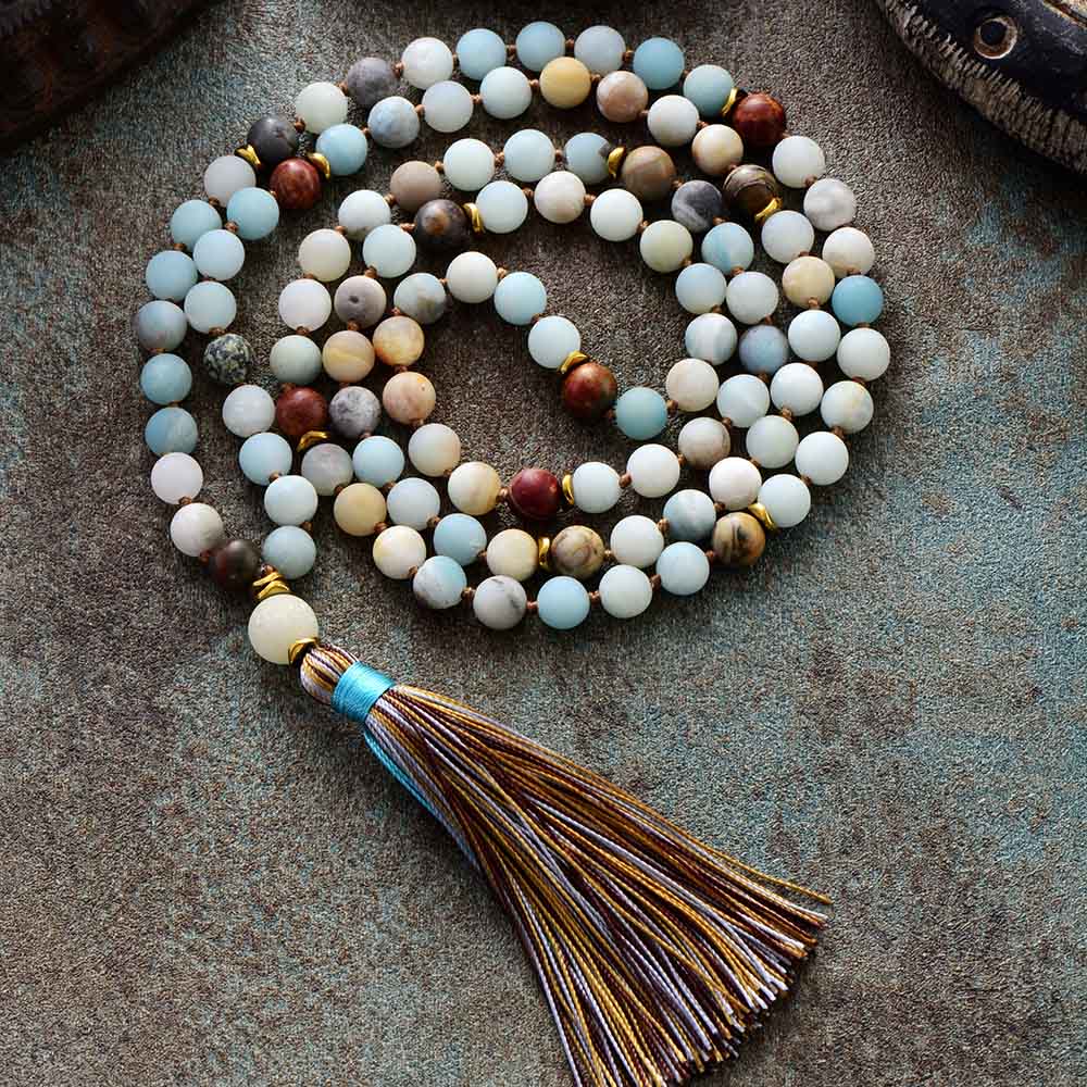 108 Natural Amazonite & Jasper Mala Bead Necklace