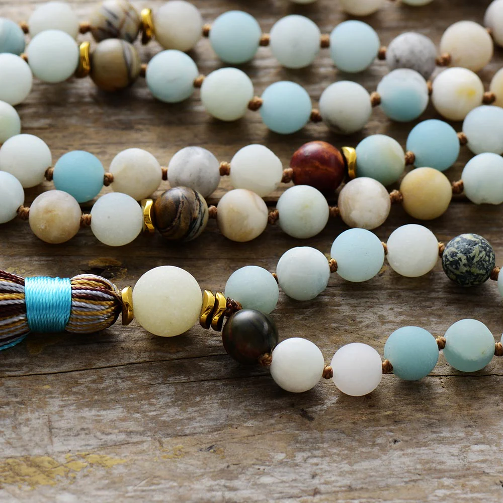 108 Natural Amazonite & Jasper Mala Bead Necklace - Image 2