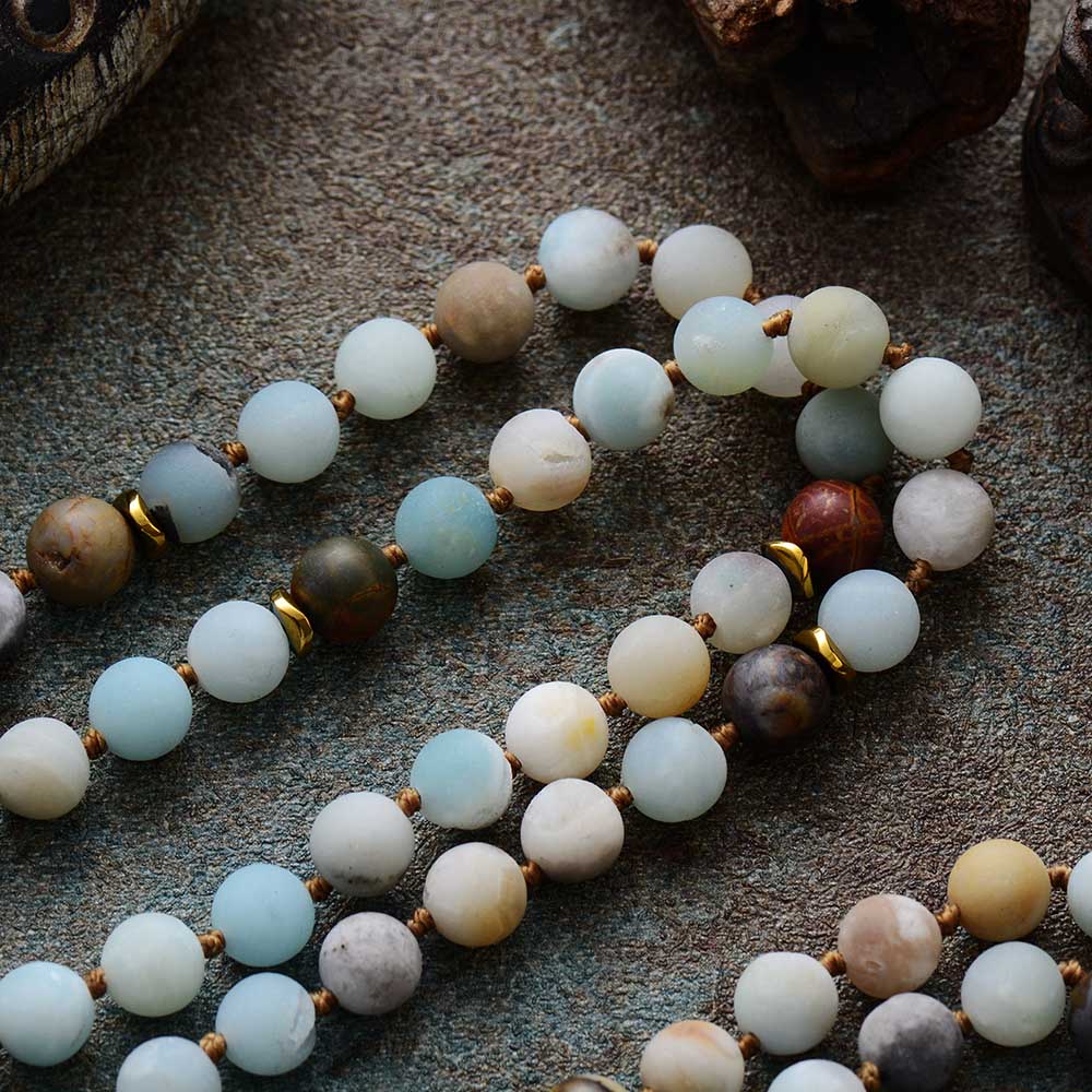 108 Natural Amazonite & Jasper Mala Bead Necklace - Image 3