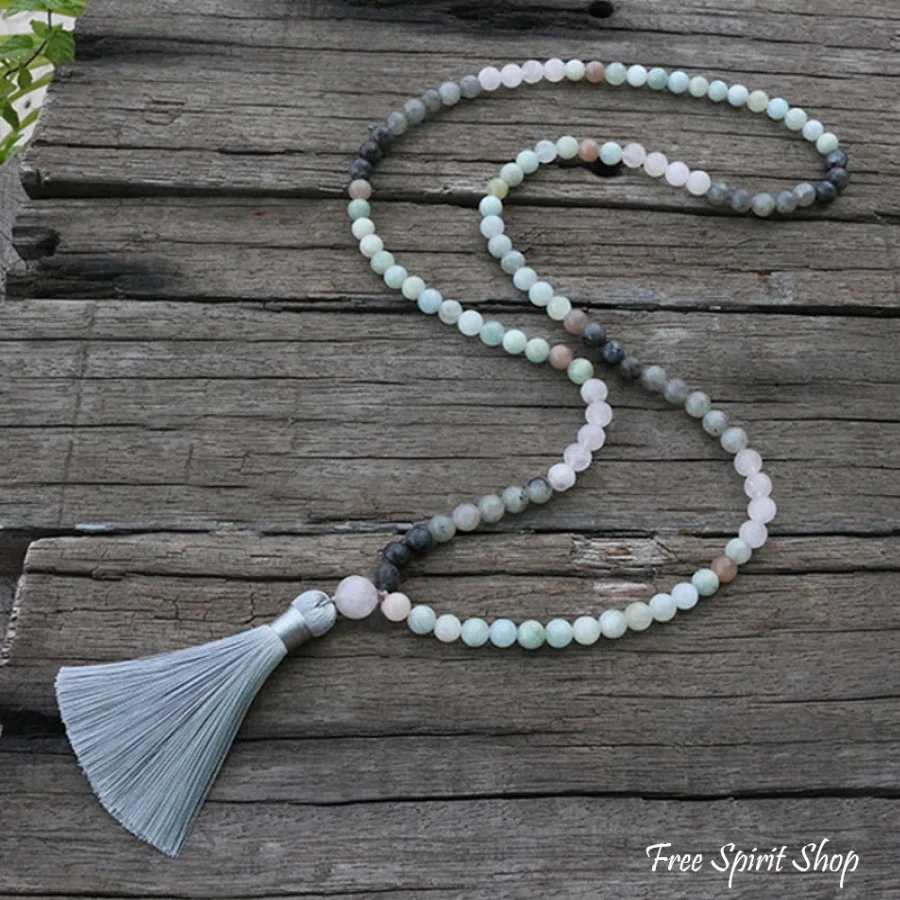 108 Natural Amazonite Labradorite Aquamarine & Rose Quartz Mala Necklace / Bracelet - Image 3