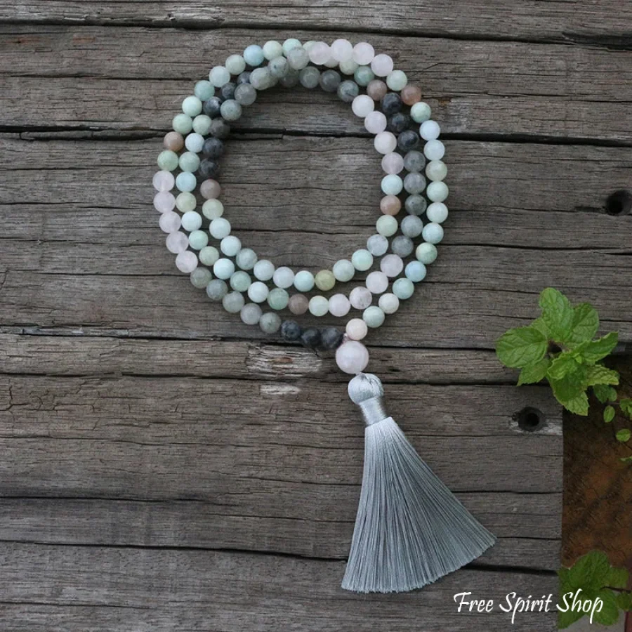 108 Natural Amazonite Labradorite Aquamarine & Rose Quartz Mala Necklace / Bracelet - Image 4