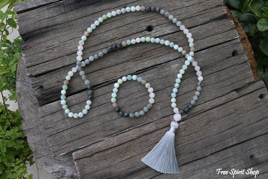 108 Natural Amazonite Labradorite Aquamarine & Rose Quartz Mala Necklace / Bracelet - Image 5