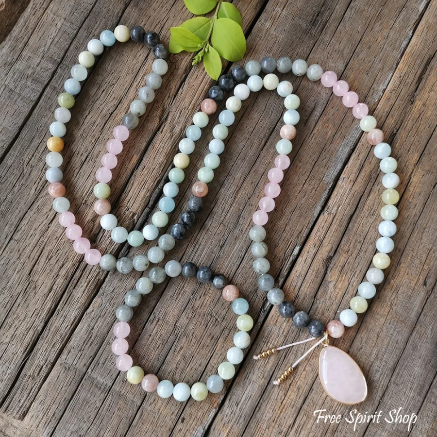 108 Natural Amazonite Labradorite & Rose Quartz Mala Necklace