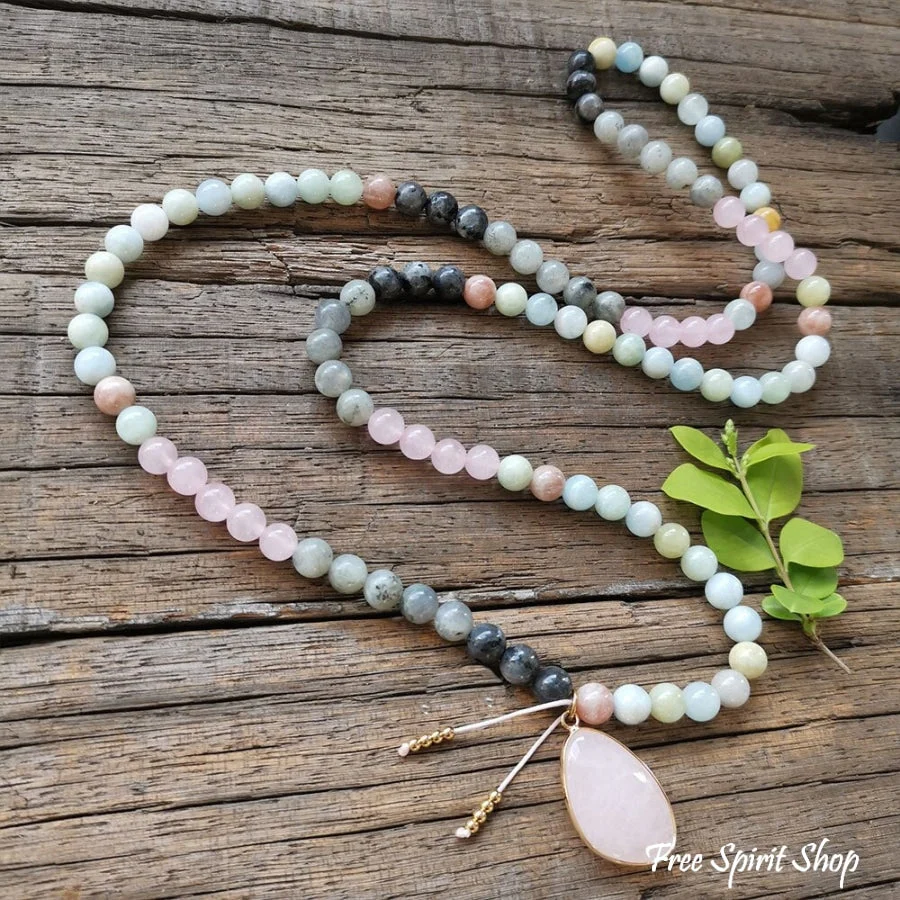 108 Natural Amazonite Labradorite & Rose Quartz Mala Necklace - Image 8