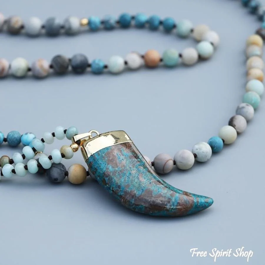 108 Natural Amazonite, Ocean Stone & Picasso Jasper Mala Necklace - Image 2