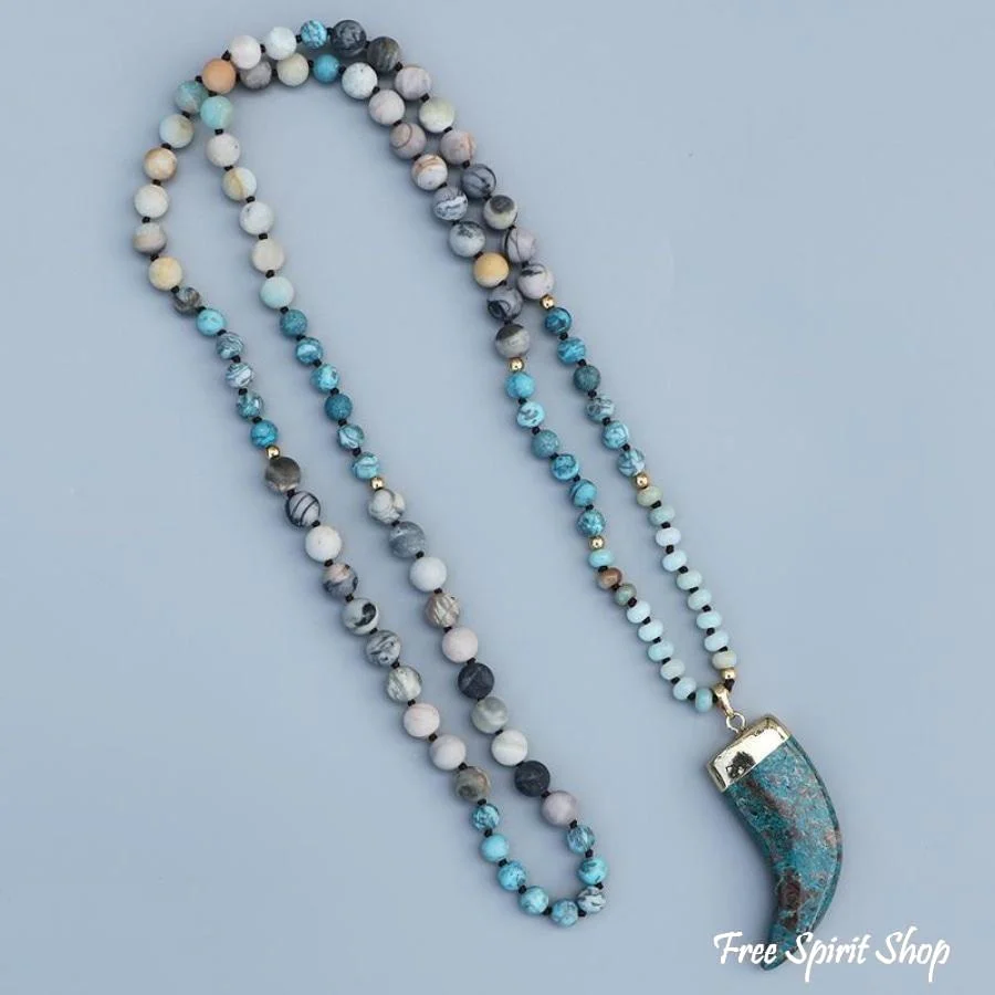 108 Natural Amazonite, Ocean Stone & Picasso Jasper Mala Necklace - Image 3