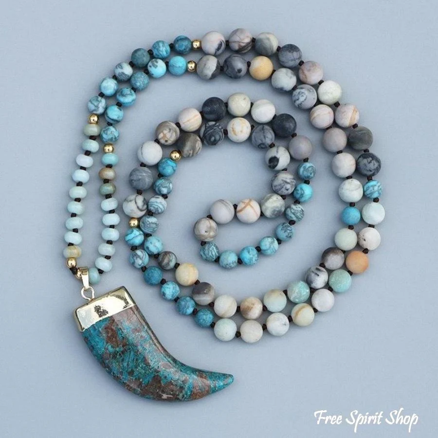 108 Natural Amazonite, Ocean Stone & Picasso Jasper Mala Necklace - Image 4