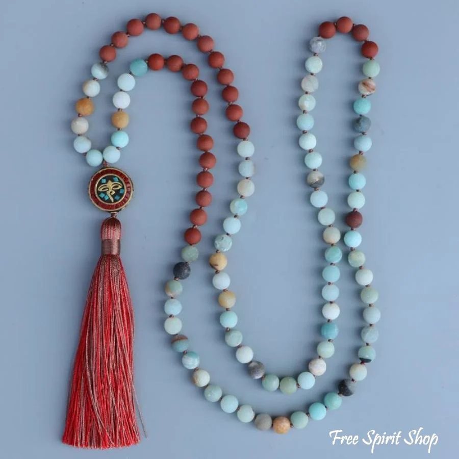 108 Natural Amazonite & Red Stone Bead Mala Prayer