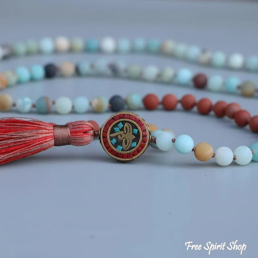 108 Natural Amazonite & Red Stone Bead Mala Prayer - Image 2