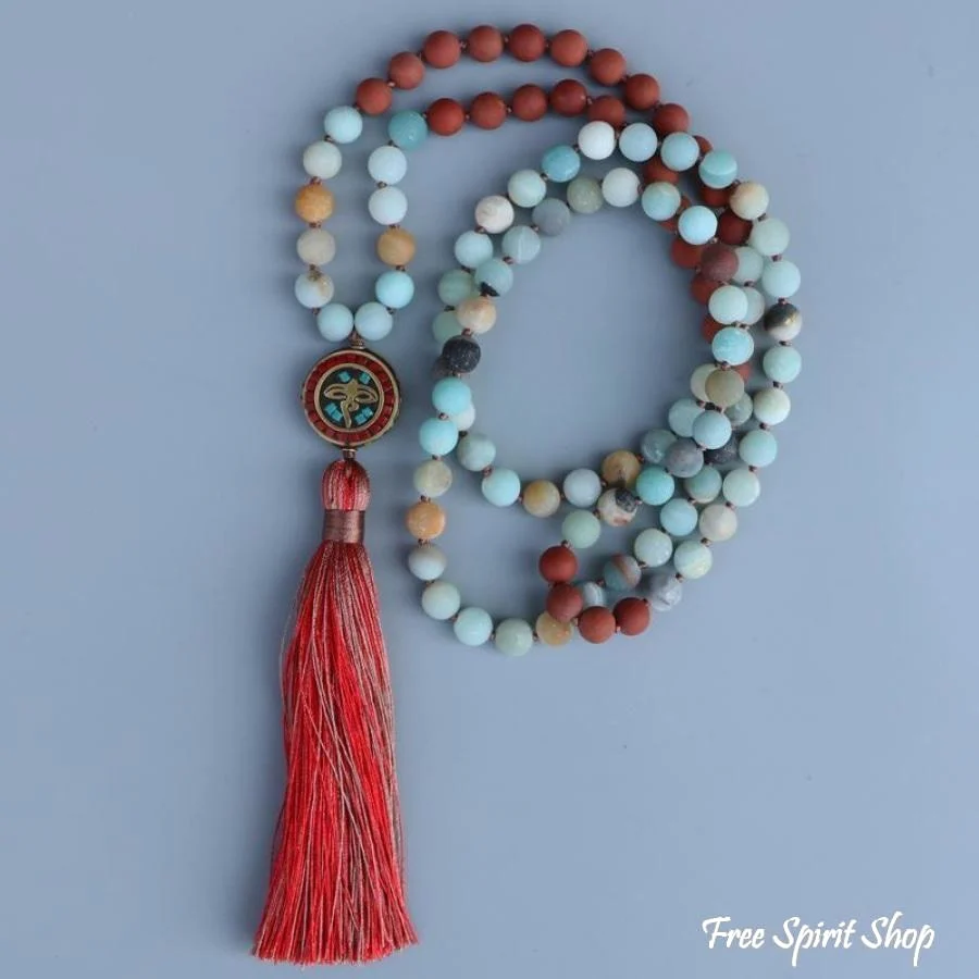 108 Natural Amazonite & Red Stone Bead Mala Prayer - Image 3