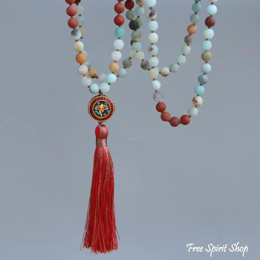 108 Natural Amazonite & Red Stone Bead Mala Prayer - Image 4