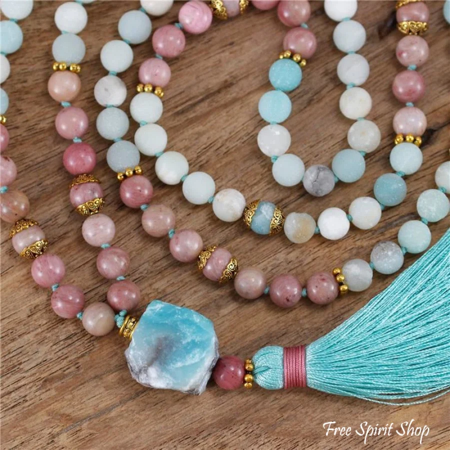 108 Natural Amazonite & Rhodonite Mala Bead Necklace - Image 2