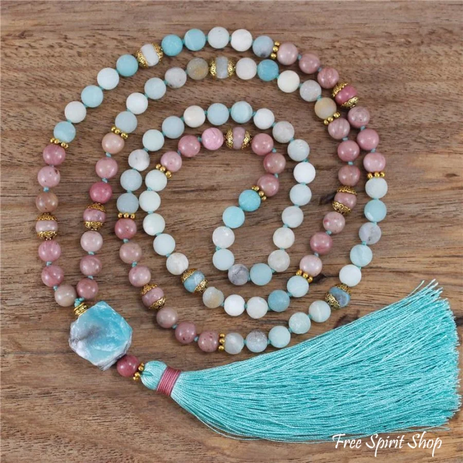 108 Natural Amazonite & Rhodonite Mala Bead Necklace - Image 3