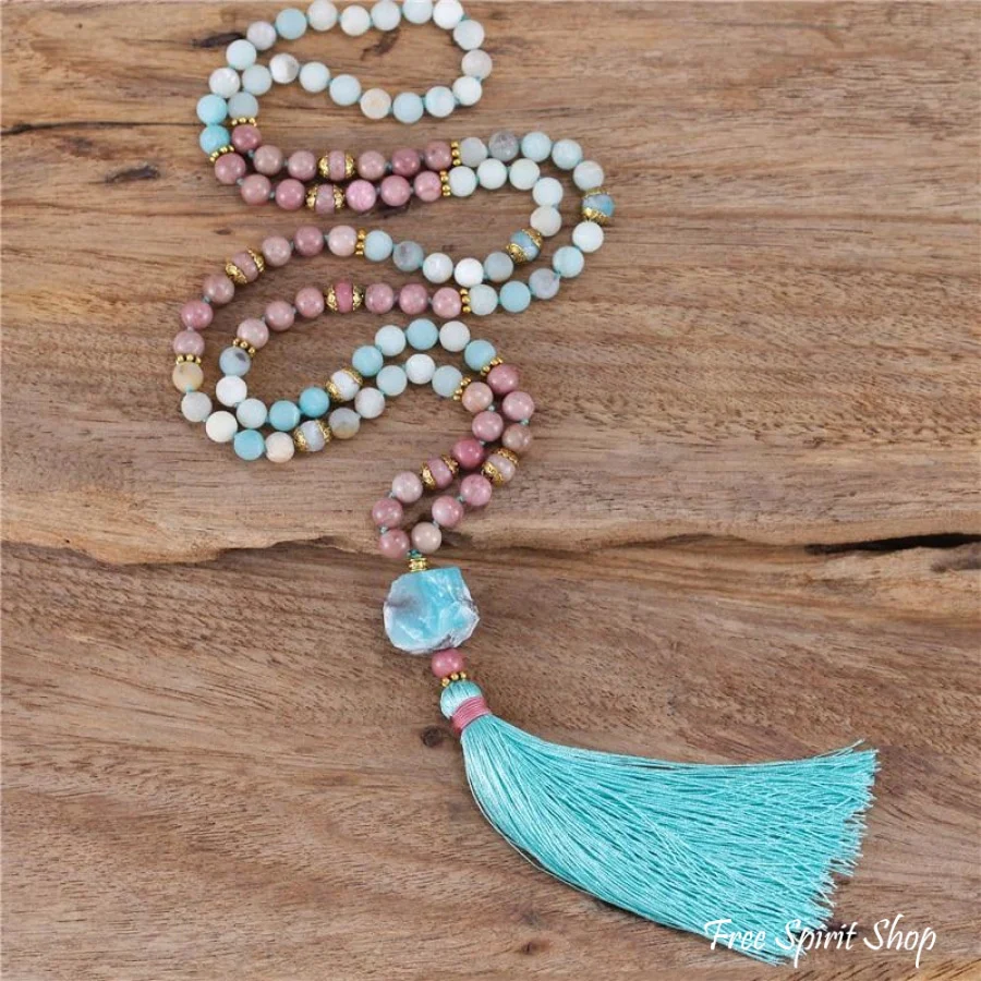 108 Natural Amazonite & Rhodonite Mala Bead Necklace - Image 4