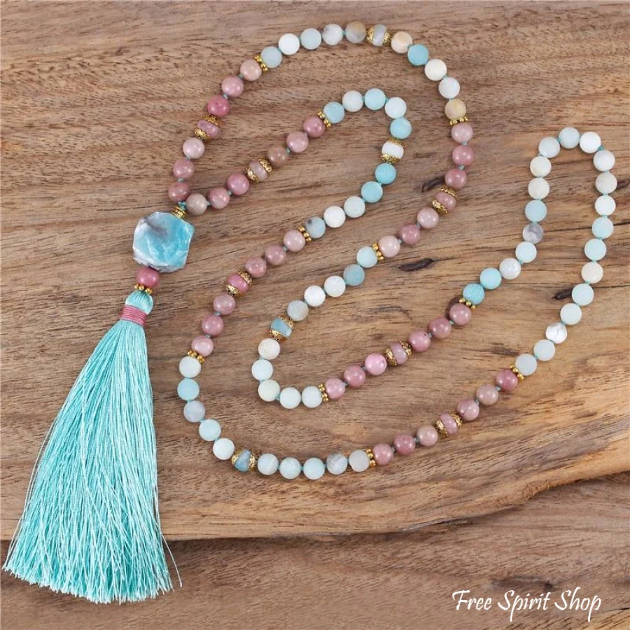 108 Natural Amazonite & Rhodonite Mala Bead Necklace - Image 5