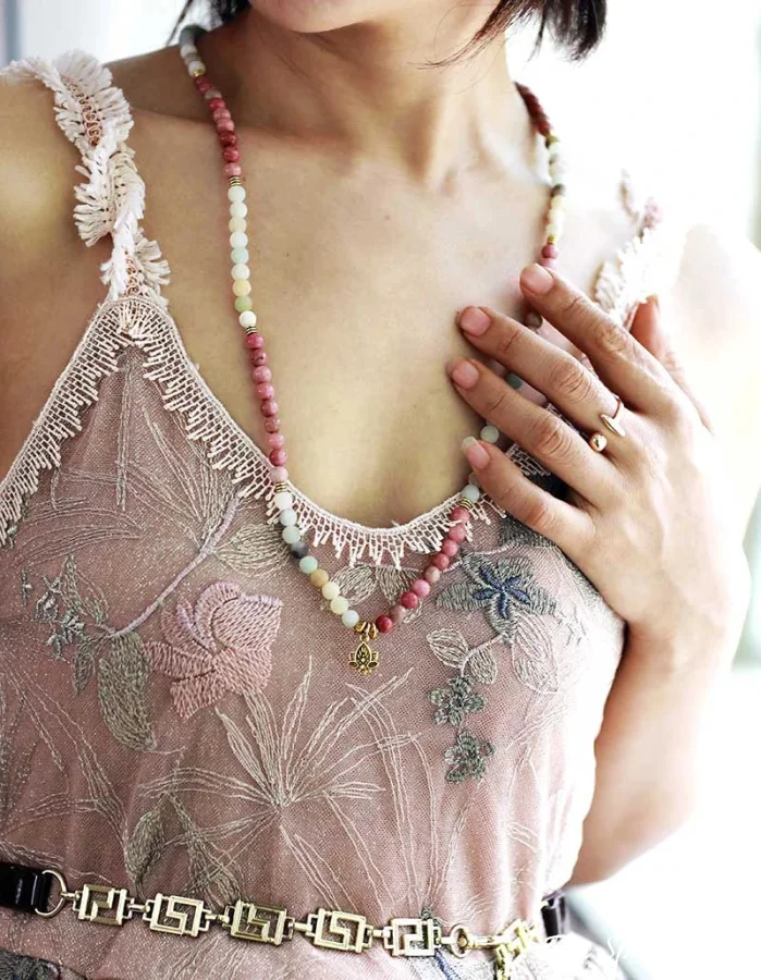 108 Natural Amazonite & Rhodonite Mala With Lotus Flower Charm - Image 3