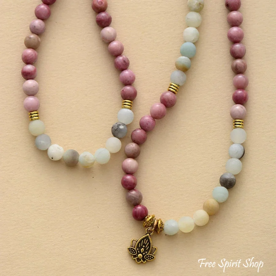 108 Natural Amazonite & Rhodonite Mala With Lotus Flower Charm - Image 4