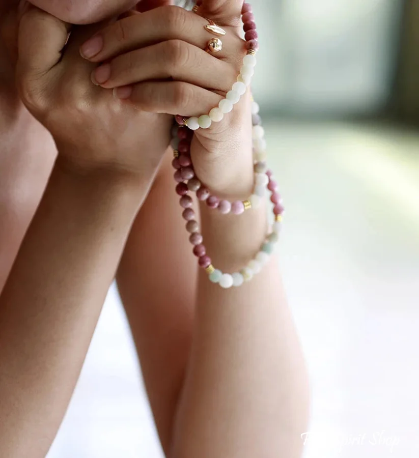 108 Natural Amazonite & Rhodonite Mala With Lotus Flower Charm - Image 5